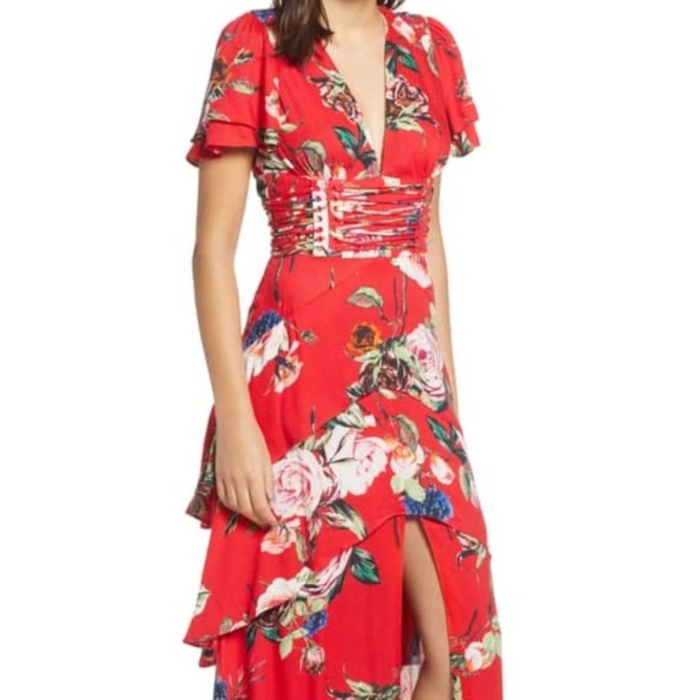 Afrm Tiered Ruffle Maxi Dress Red Garden Size M